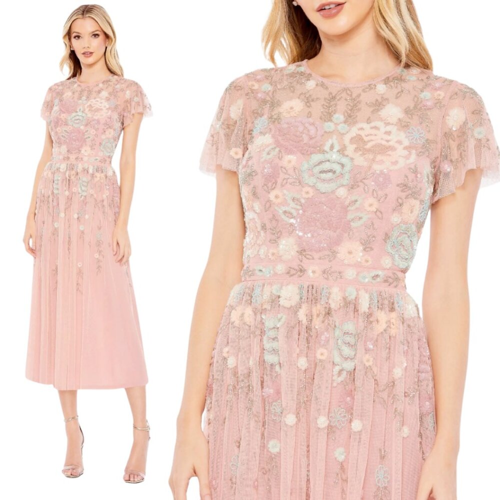 Mac Duggal 9134 Womens Size 8 Pink Blue Floral Beaded High Neck Midi Dress
